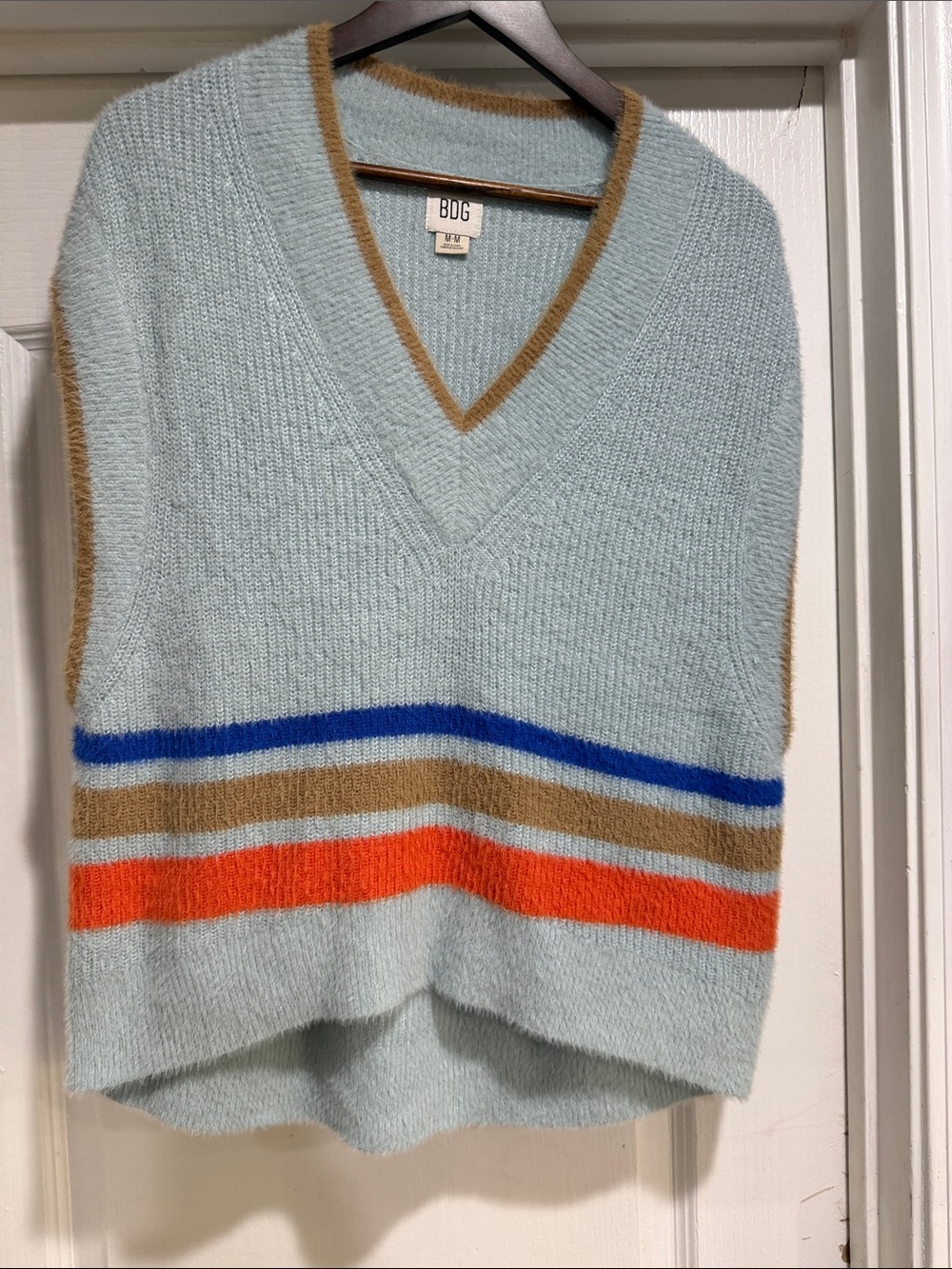 BDG Unisex V-Neck Striped Sweater Vest with Camel and Orange Trim